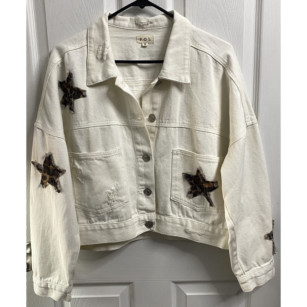 POL Women Distressed Ivory Denim Jean Jacket Appliquéd Leopard Print Stars S-L
